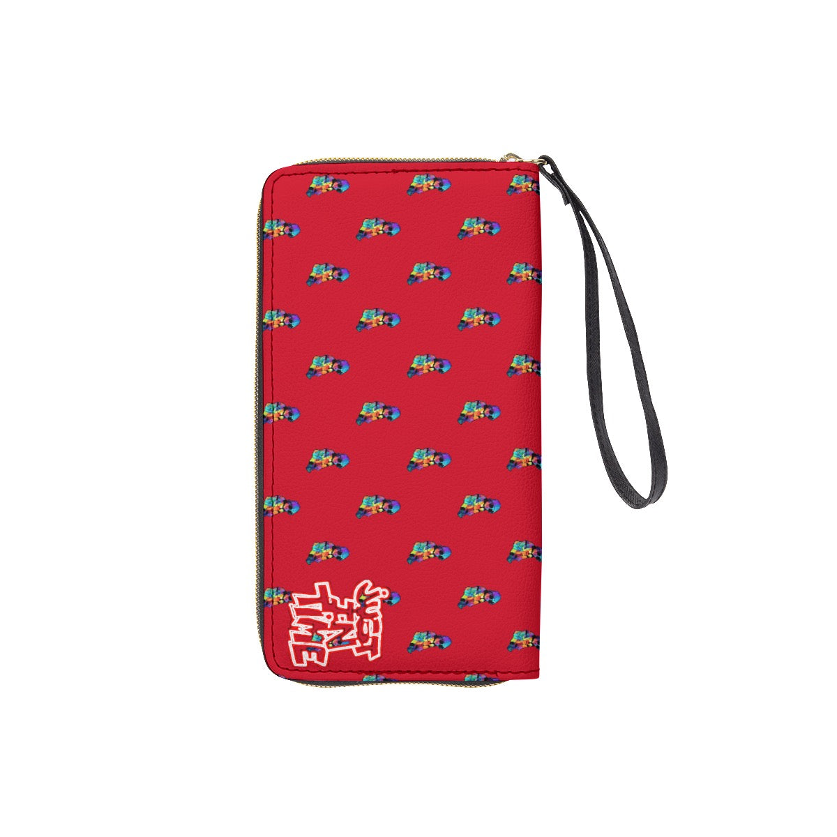 Red Multi- Color Jit Long Wallet With Black Hand Strap