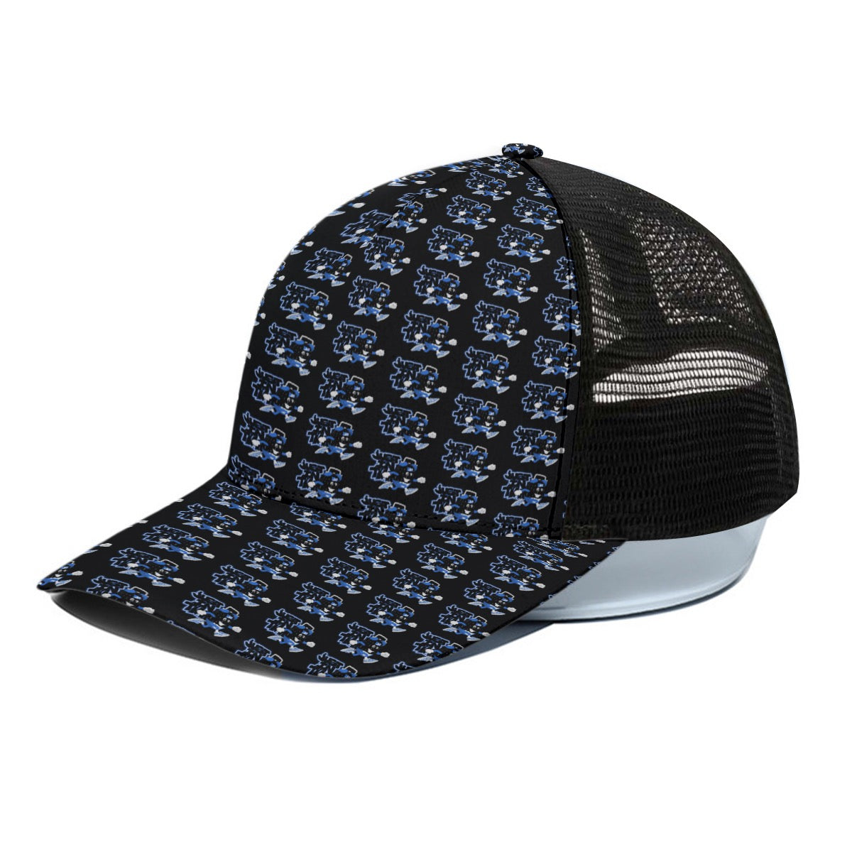 Black And Blue Just In Time Clock Trucker Hat With Black Half-mesh