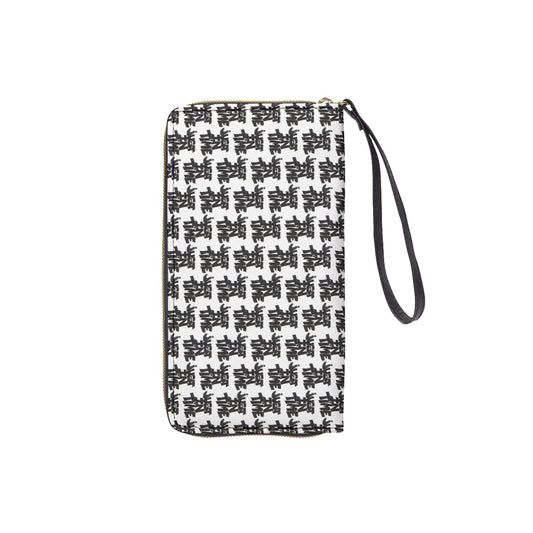 Black And  White All Over Print Long Wallet With Black Hand Strap
