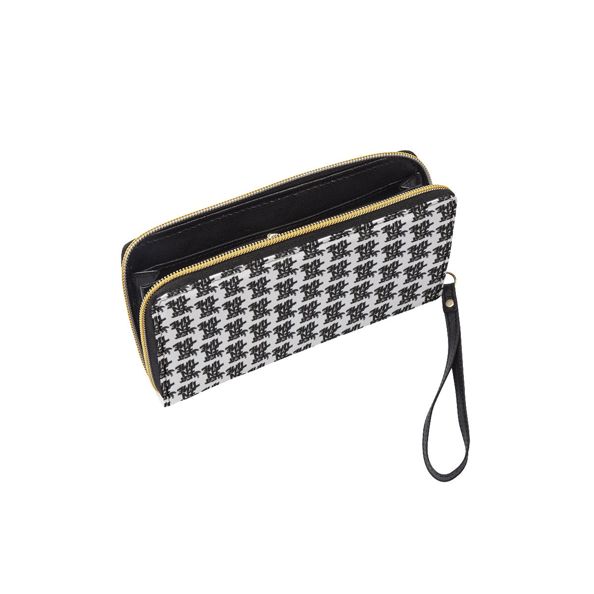 Black And  White All Over Print Long Wallet With Black Hand Strap