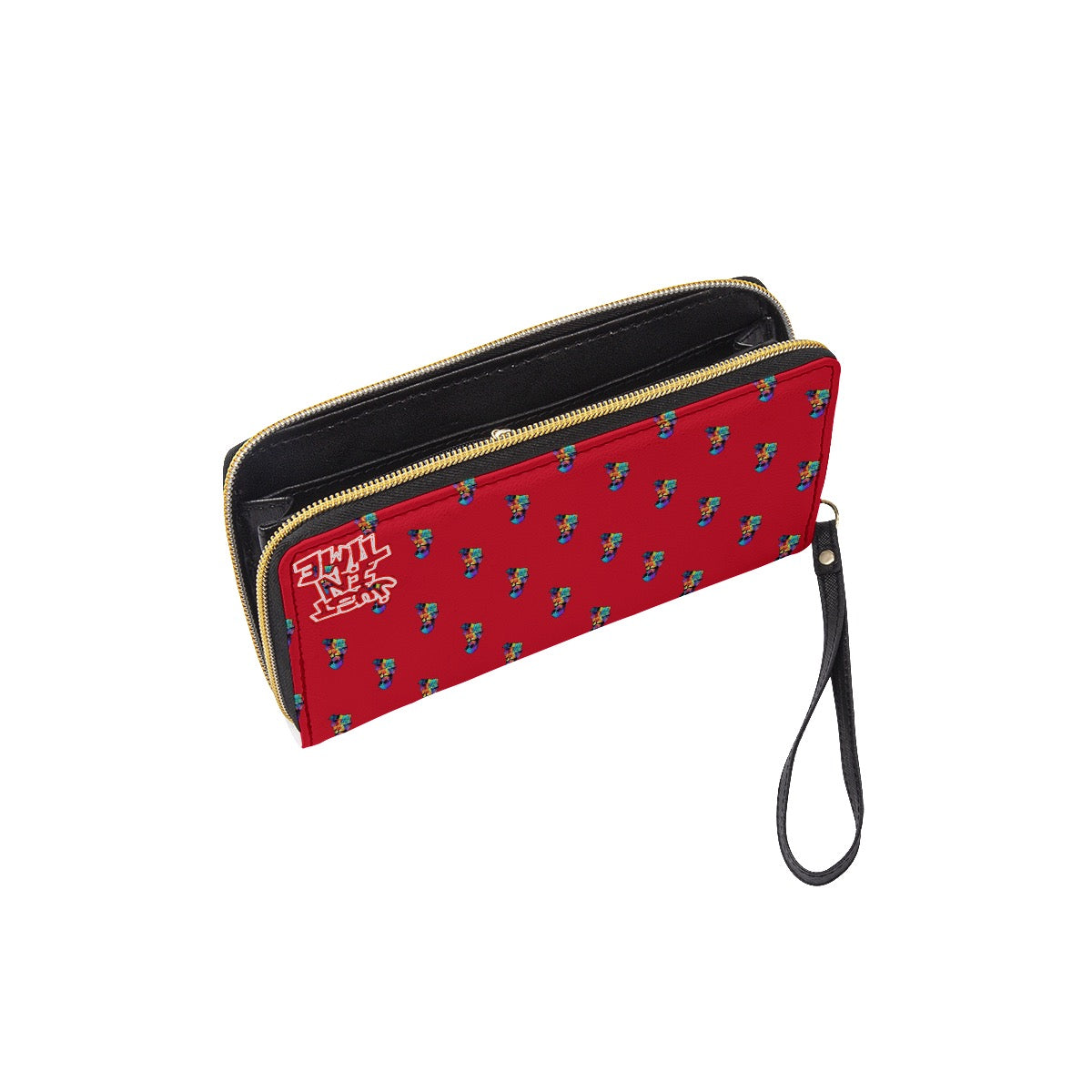 Red Multi- Color Jit Long Wallet With Black Hand Strap