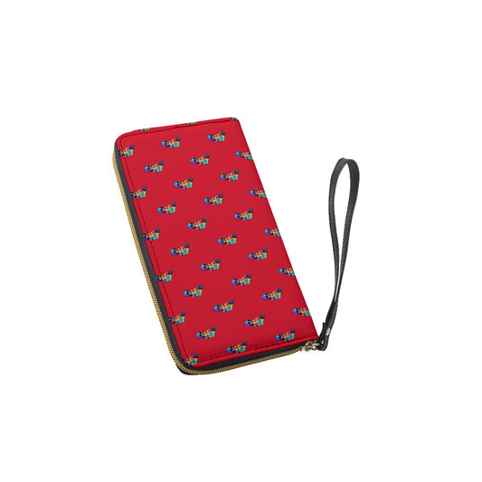 Red Multi- Color Jit Long Wallet With Black Hand Strap