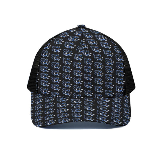 Black And Blue Just In Time Clock Trucker Hat With Black Half-mesh